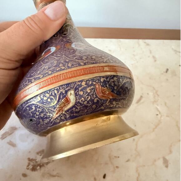 Vintage Indian Brass Vase Hand Etched Peacock Floral Design Meenakari Enamel 7” - Picture 4 of 7